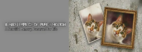 Custom cat portrait painting banner showing photo‑to‑art transformation.